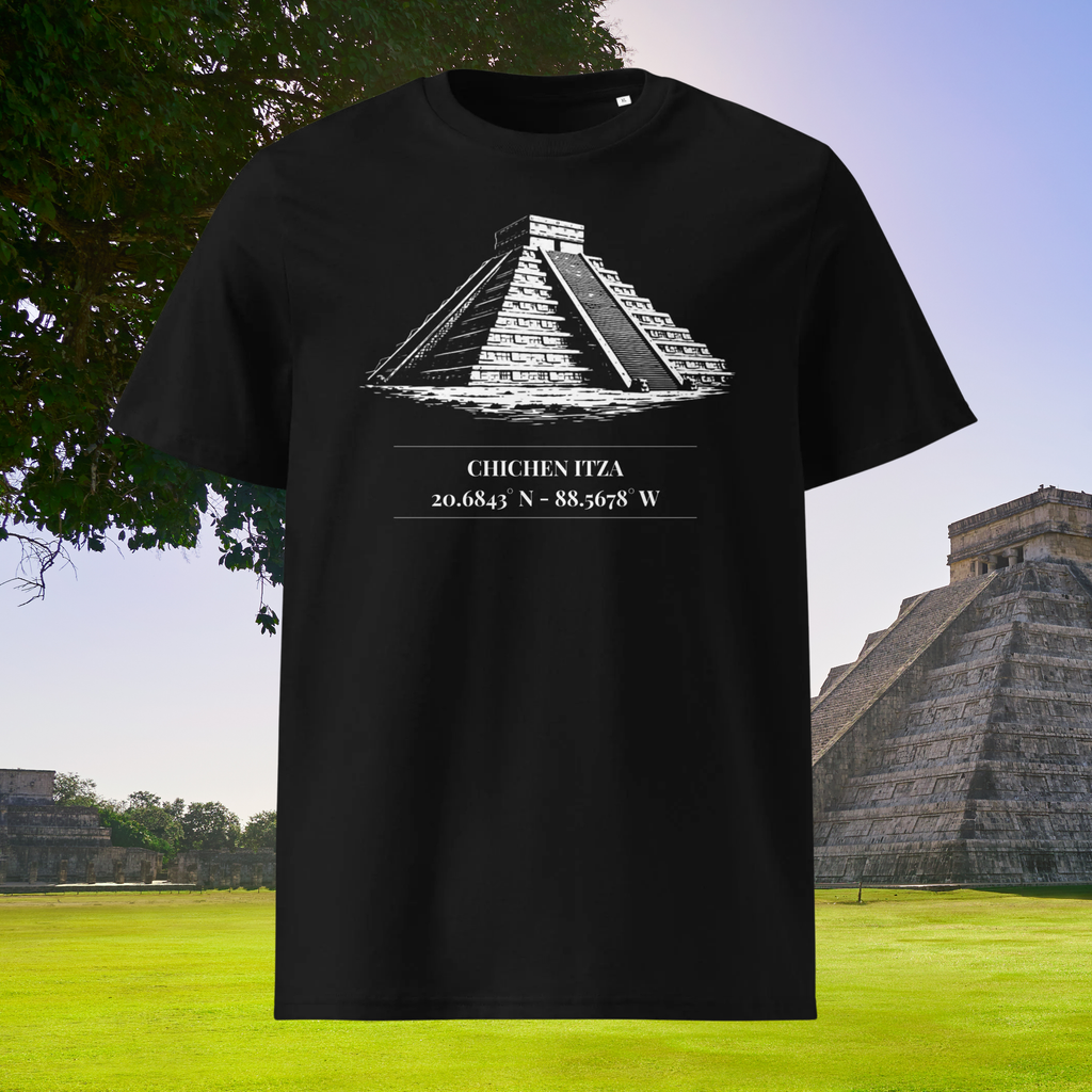 Chichen Itza coordinates T-shirt in black, front product view beneath trees beside a pyramid.