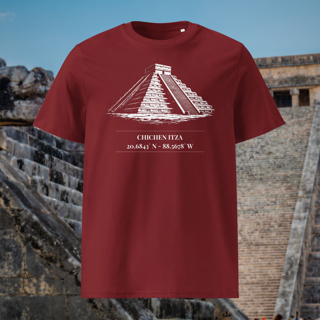 Chichen Itza coordinates T-shirt in burgundy, front product view showing the white pyramid illustration.
