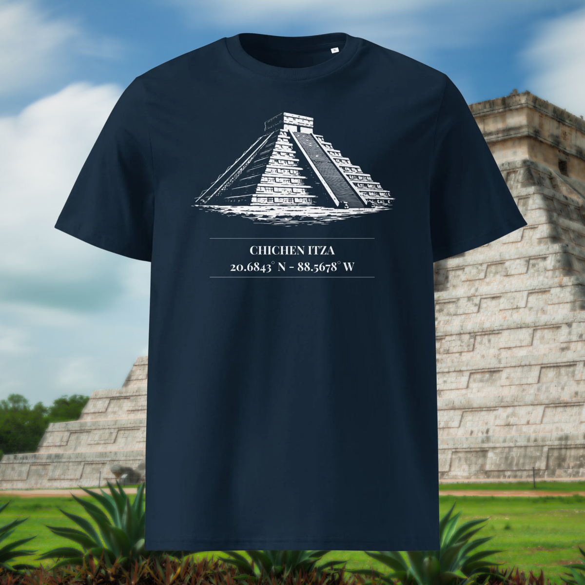 Chichen Itza coordinates T-shirt in navy, front product view showing the pyramid and coordinates.