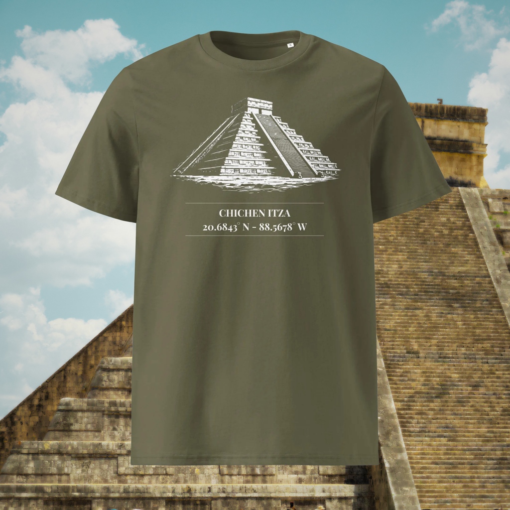 Chichen Itza coordinates T-shirt in khaki, front product view against a stone pyramid backdrop.