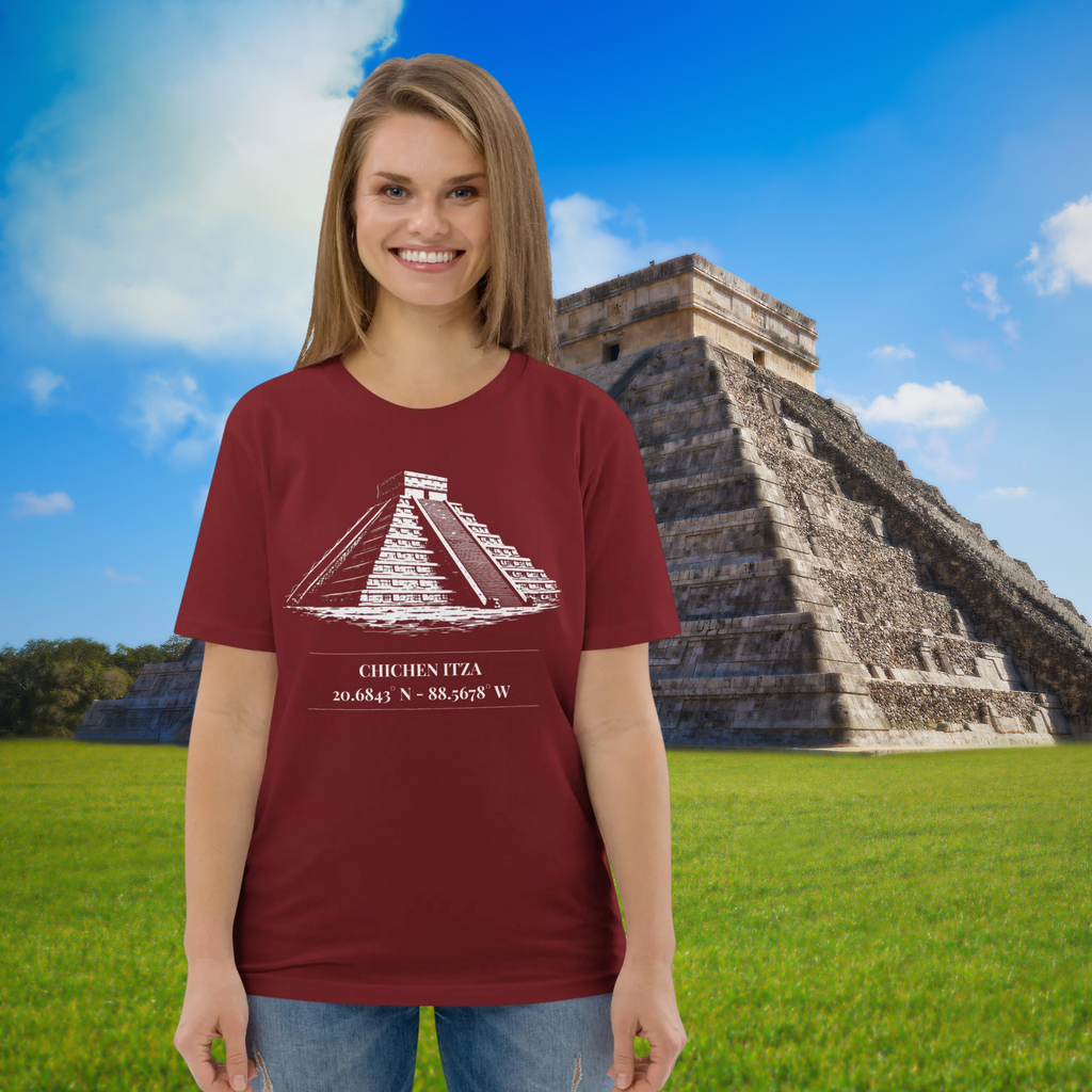 Chichen Itza coordinates T-shirt in burgundy, worn by a model with a pyramid behind.