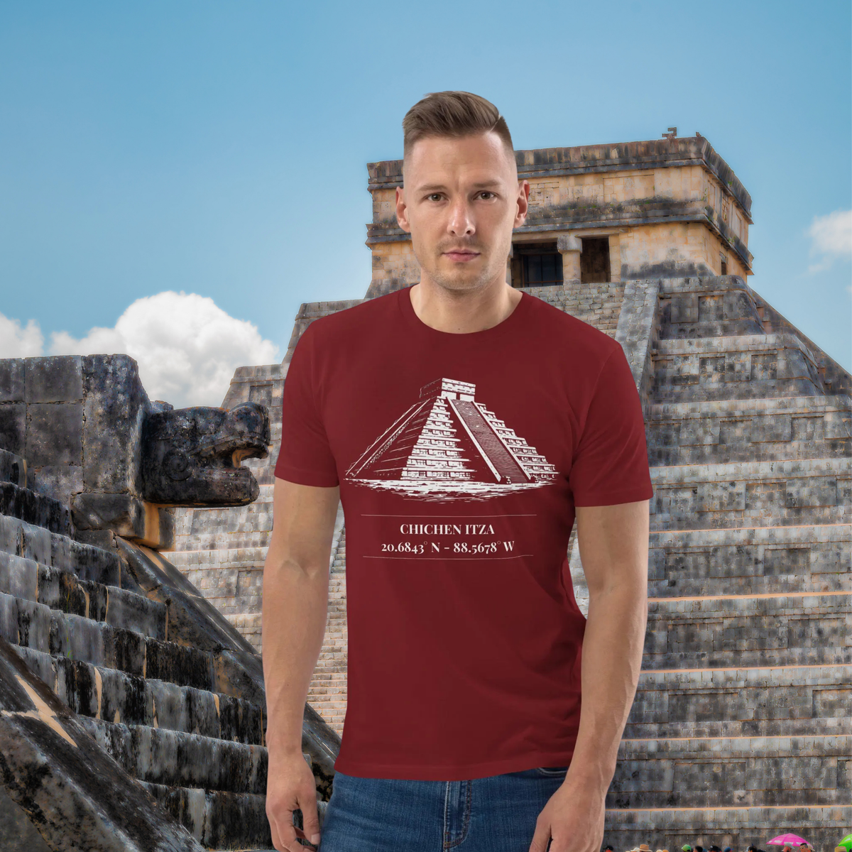 Chichen Itza coordinates T-shirt in burgundy, worn by a model beside weathered stone ruins.