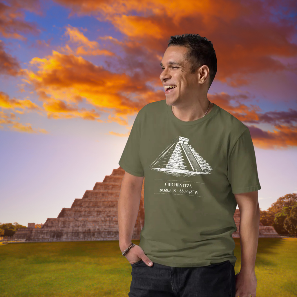 Chichen Itza coordinates T-shirt in khaki, worn by a model against a pyramid at sunset.