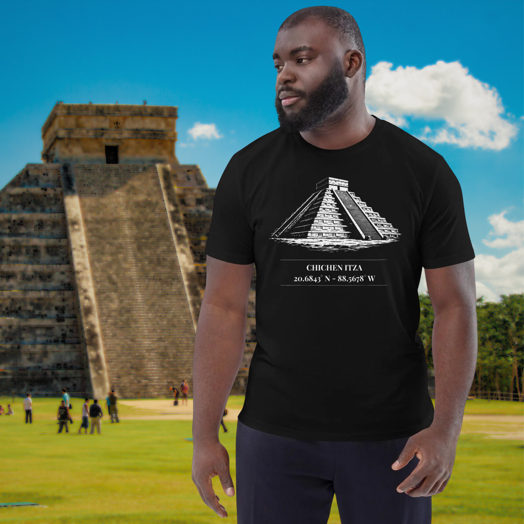 Chichen Itza coordinates T-shirt in black, worn by a model against a Mayan pyramid backdrop.