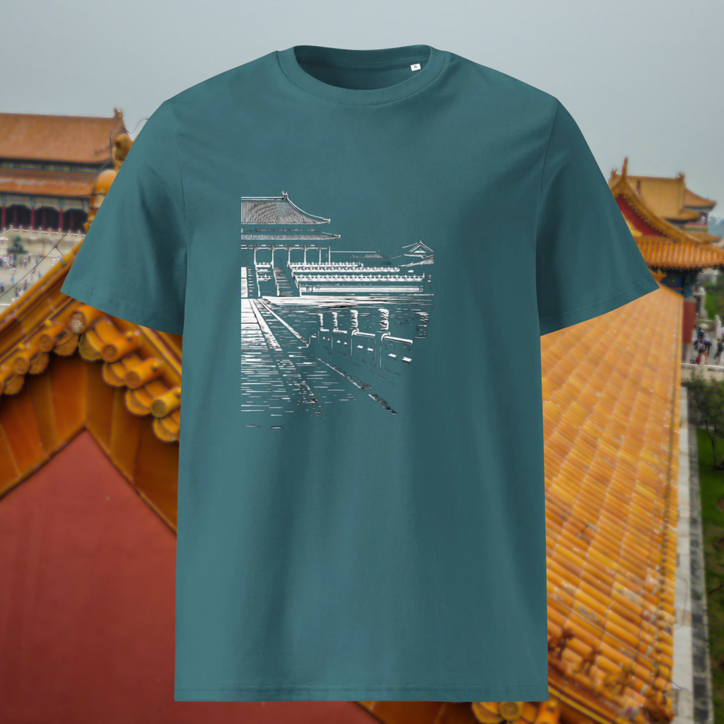 Forbidden City T-shirt in teal, front product view of the minimalist architectural graphic.