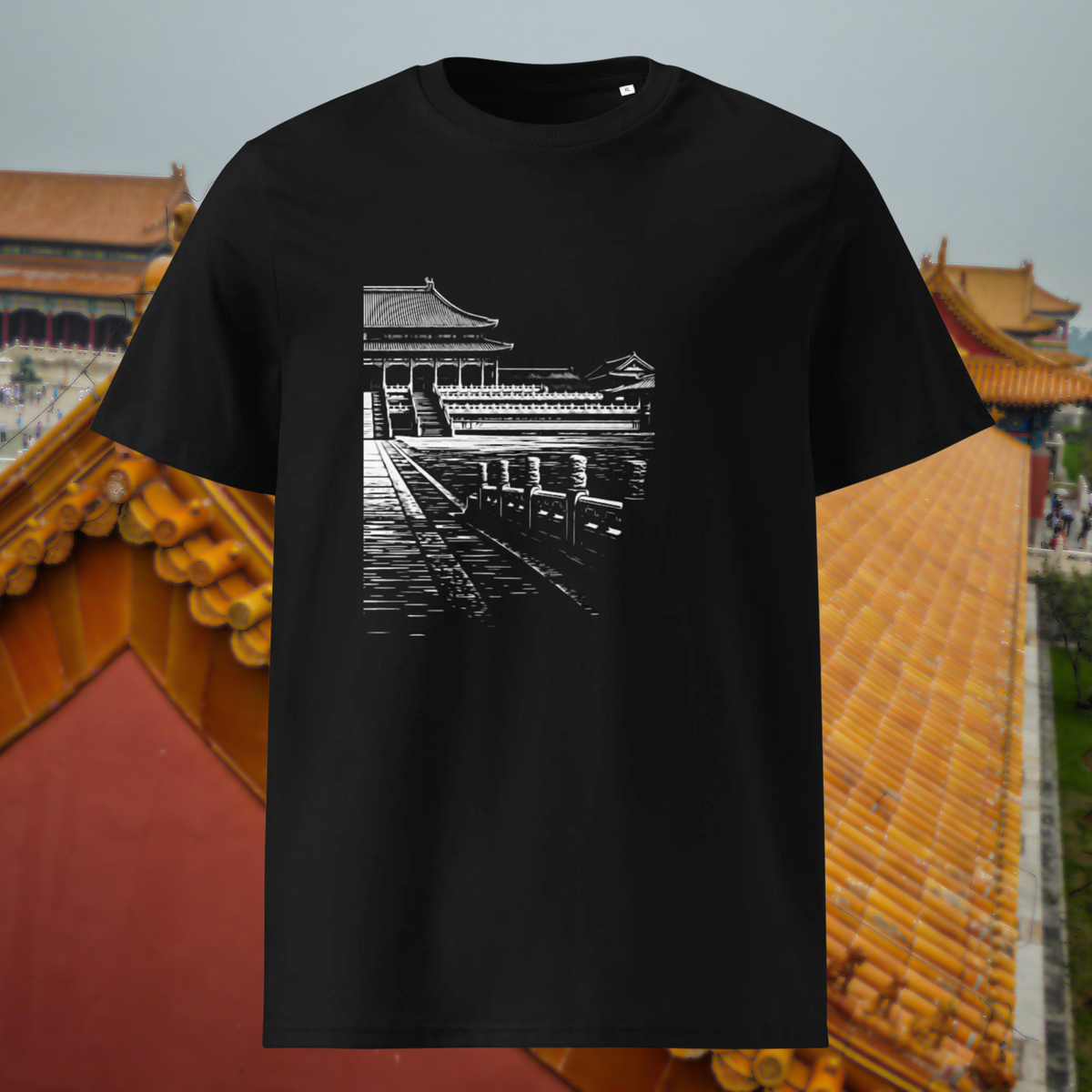 Forbidden City T-shirt in black, front product view against orange palace rooftops.