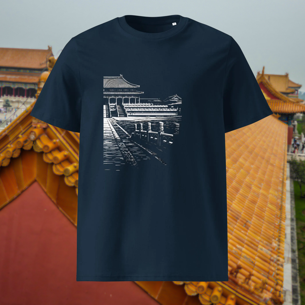 Forbidden City T-shirt in navy, front product view showing the white palace illustration.