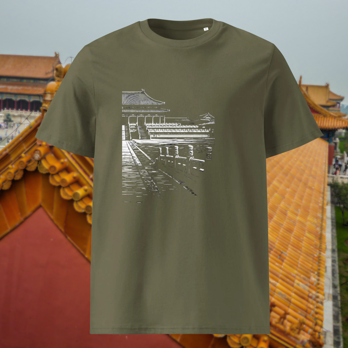 Forbidden City T-shirt in khaki, front product view showing the white palace illustration.