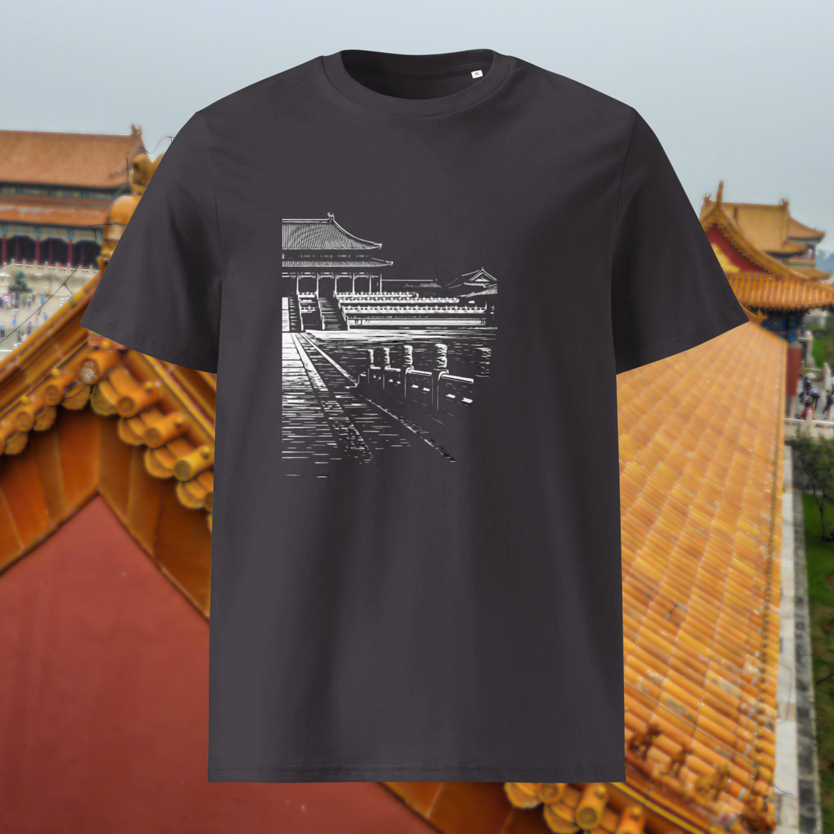 Forbidden City T-shirt in anthracite, front product view against palace rooftops.