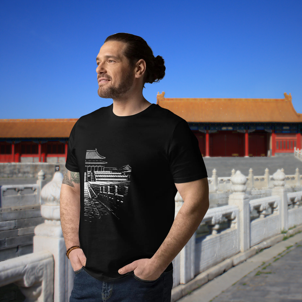 Forbidden City T-shirt in black, worn by a model beside a palace stone balustrade.