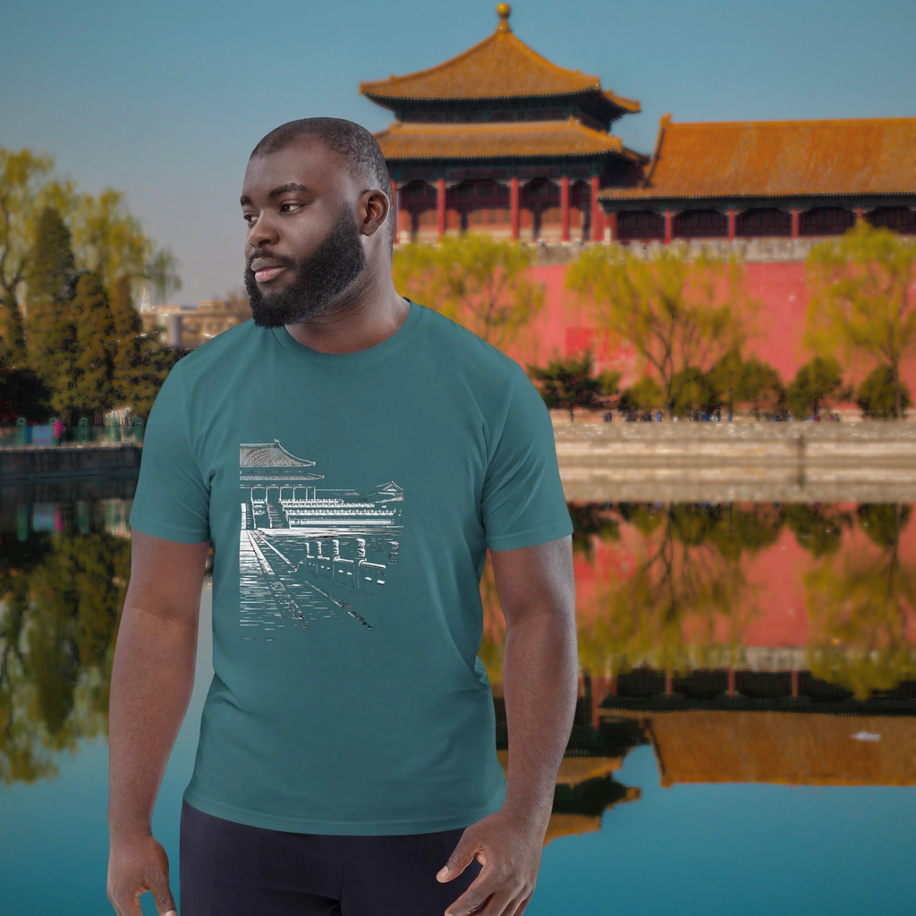 Forbidden City T-shirt in teal, worn by a model beside a palace pond.