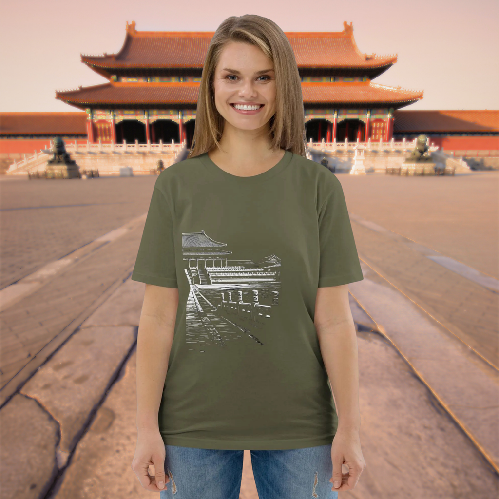 Forbidden City T-shirt in khaki, worn by a model in a palace courtyard.