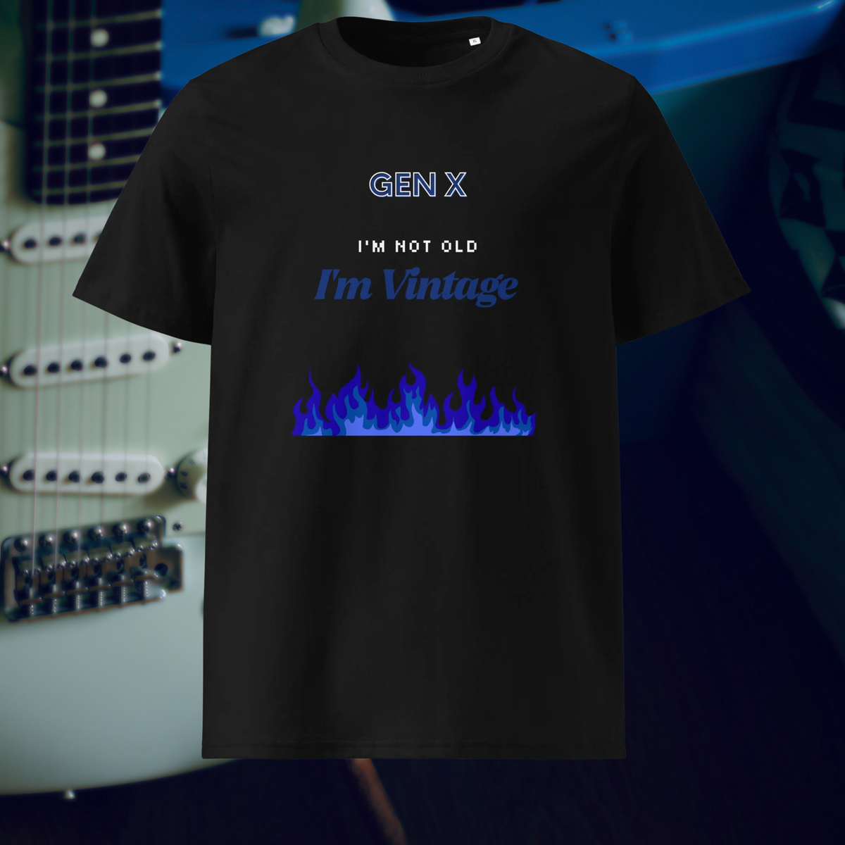 Gen X Blue Flame Vintage T-shirt in black, front product view of the blue flame slogan against guitars.