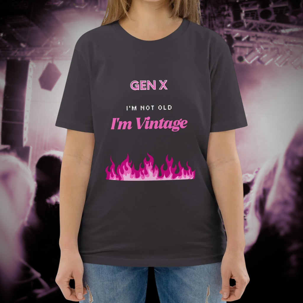 Gen X Pink Flame Vintage T-shirt in anthracite, torso view against a concert backdrop.