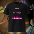 Gen X Pink Flame Vintage T-shirt in black, front product view of the pink flame slogan against compact discs.