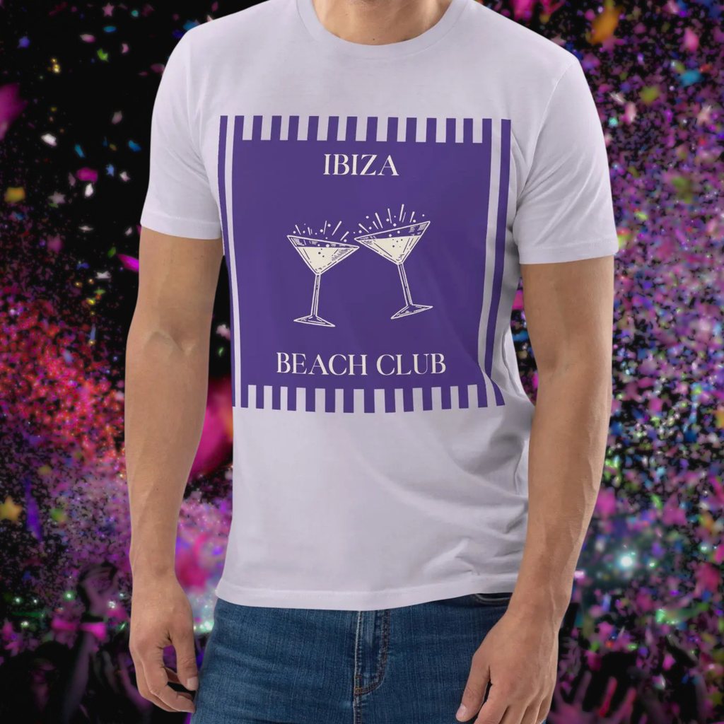 Ibiza Beach Club T-shirt in lavender, torso view showing the twin martini glasses.