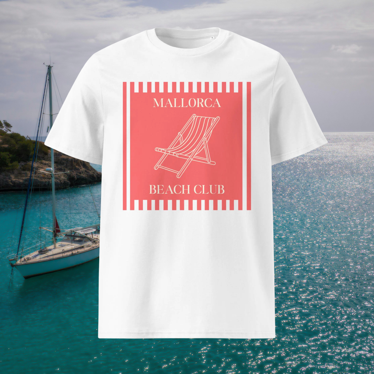 Mallorca Beach Club T-shirt in white, front product view with coral deck chair artwork.