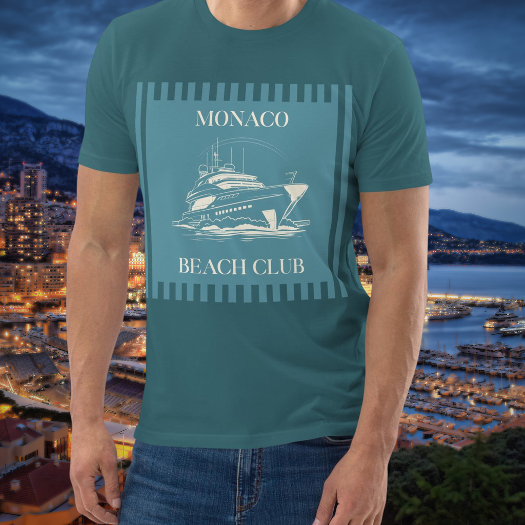 Monaco Beach Club T-shirt in teal, torso view showing the yacht illustration.