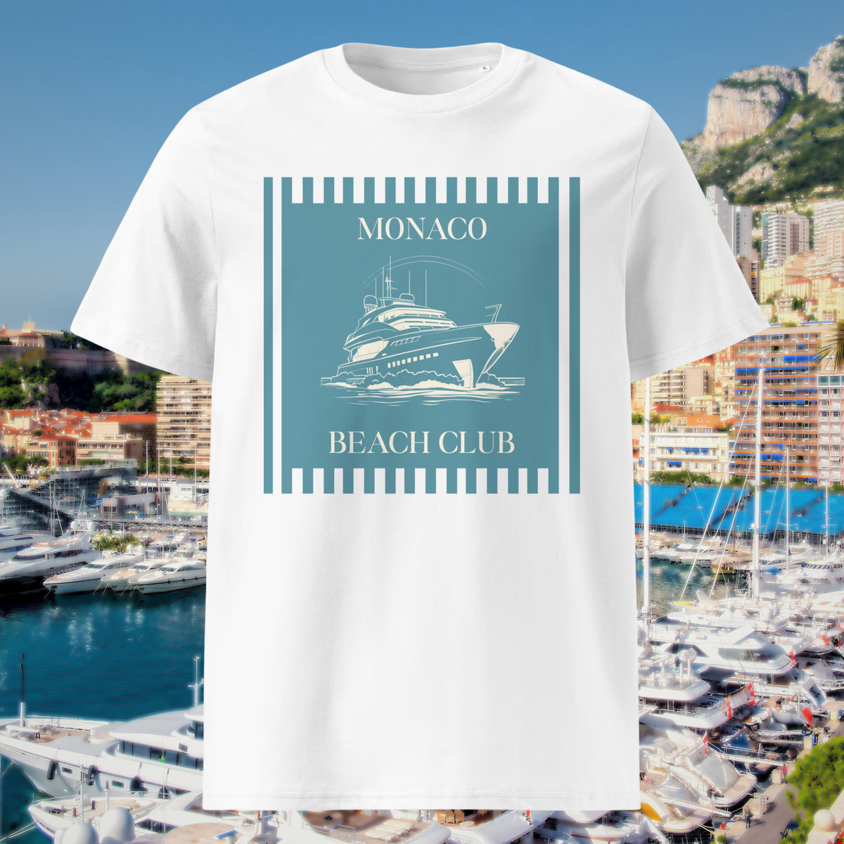 Monaco Beach Club T-shirt in white, front product view of the yacht graphic against a harbour backdrop.
