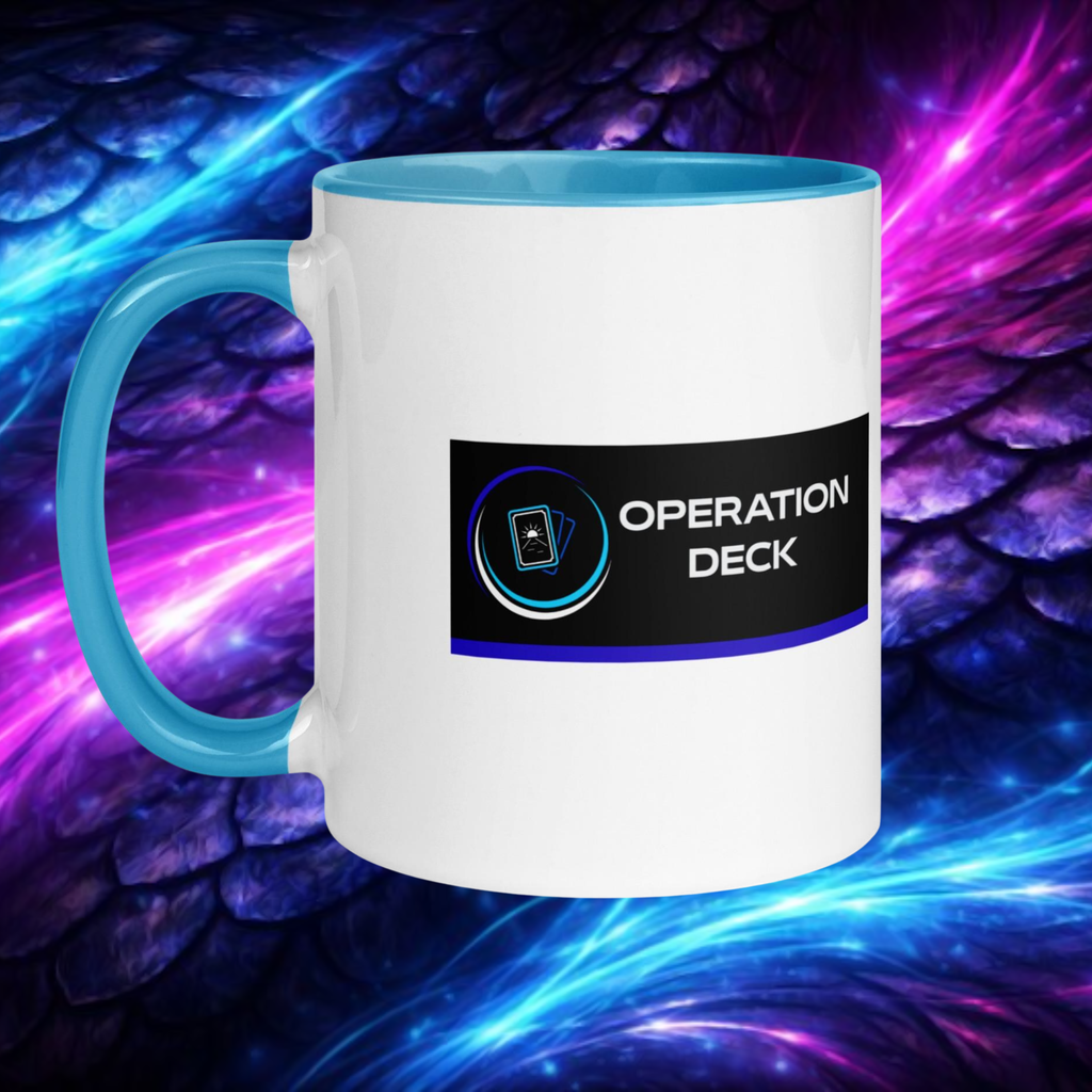 Operation Deck Bien Joué mug logo side with cyan handle against a purple and blue cosmic backdrop.
