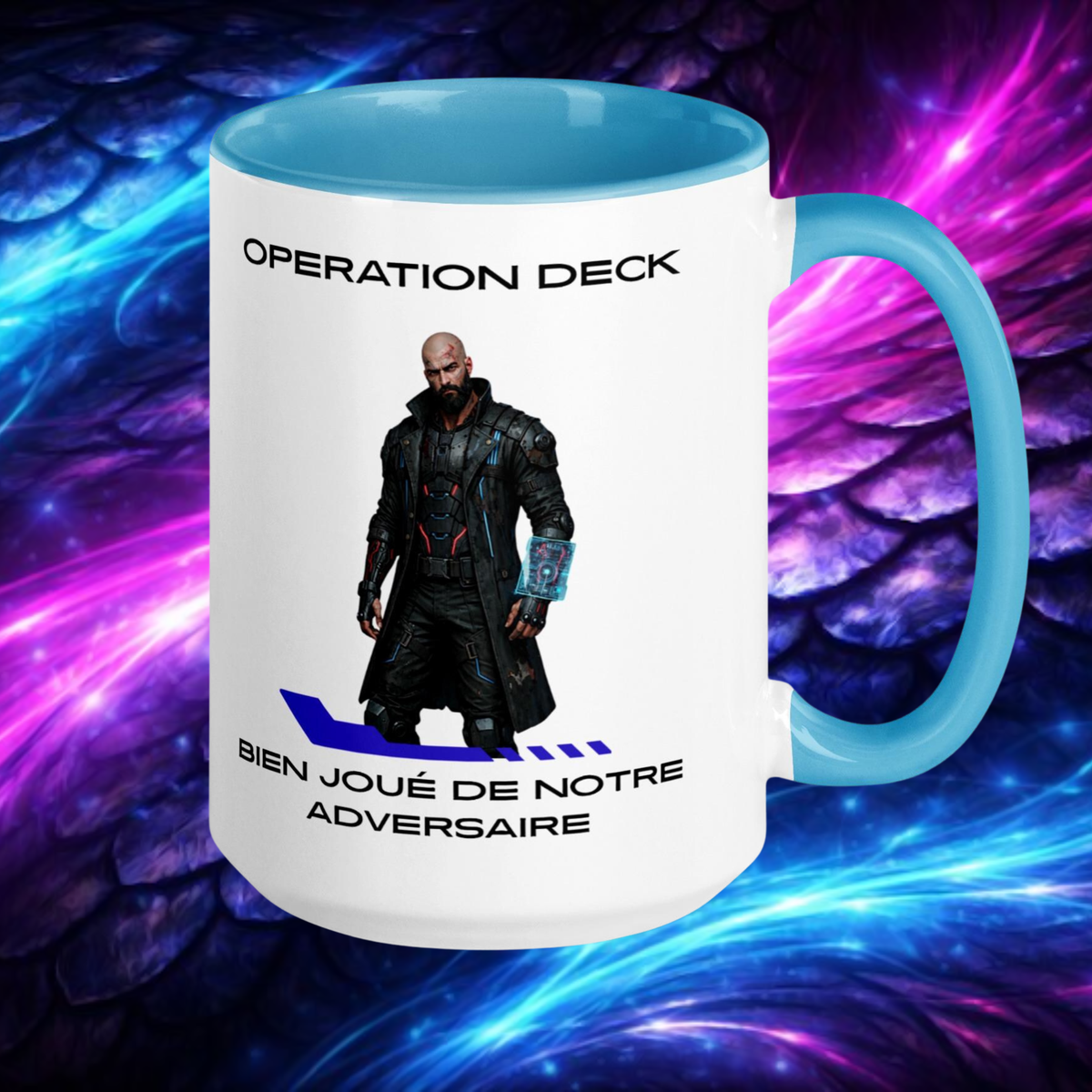 Operation Deck Bien Joué mug with a cyan handle and interior, character and French quote side against a cosmic backdrop.
