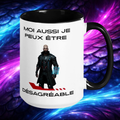 Operation Deck Désagréable mug with black handle and interior, character and French quote side against a cosmic backdrop.