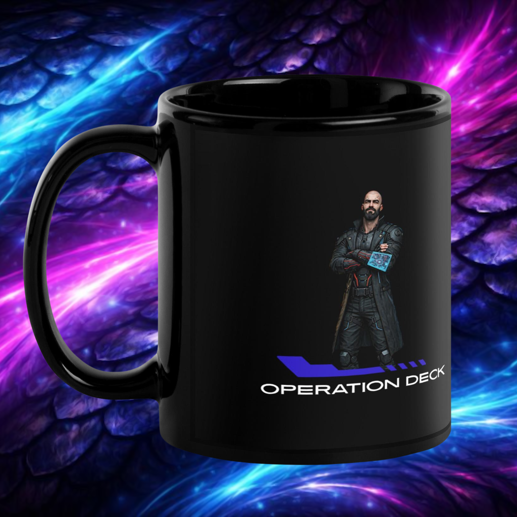 Black Operation Deck gaming mug character artwork side against a purple and blue cosmic backdrop.