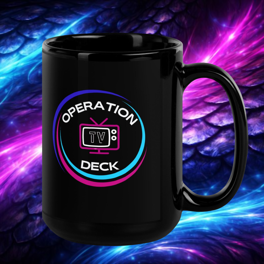 Black Operation Deck gaming mug circular Operation Deck TV logo side against a cosmic backdrop.