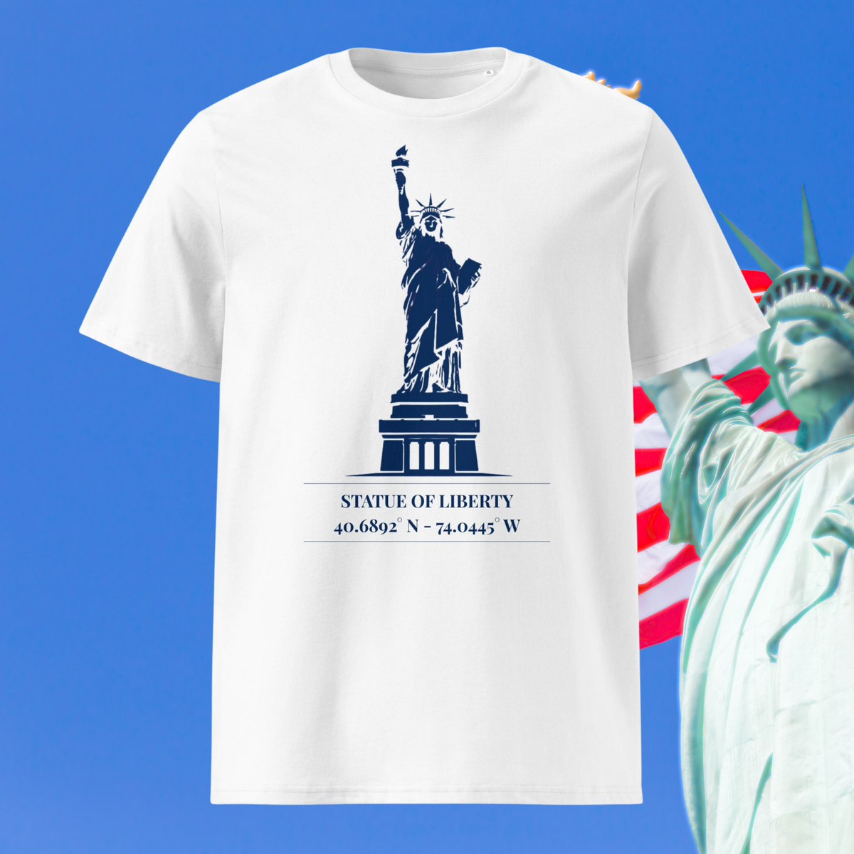 Statue of Liberty coordinates T-shirt in white, front product view of the navy landmark illustration and coordinates.