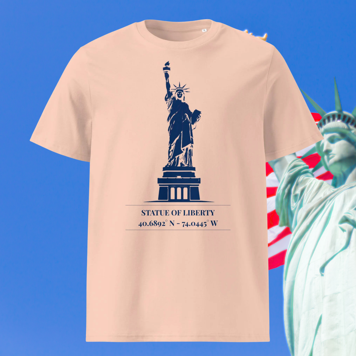 Statue of Liberty coordinates T-shirt in peach, front product view of the landmark illustration and coordinates.