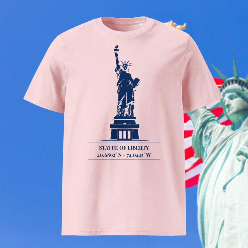 Statue of Liberty coordinates T-shirt in pink, front product view showing the navy Statue of Liberty illustration.