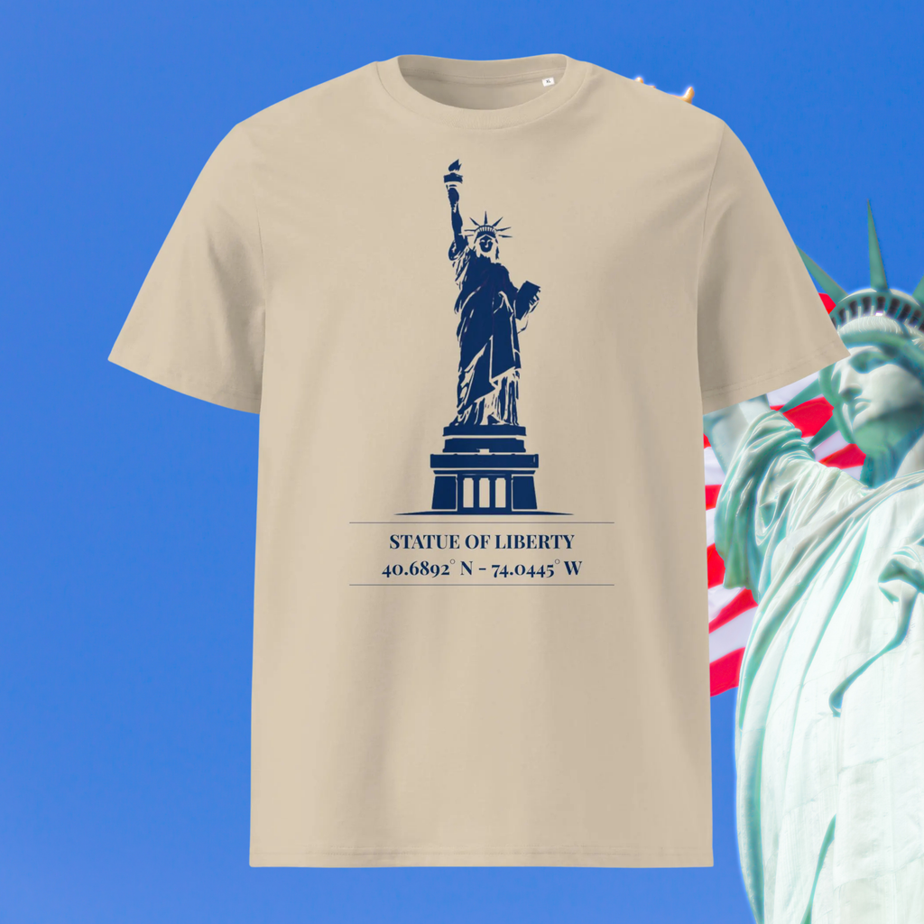 Statue of Liberty coordinates T-shirt in beige, front product view showing the navy landmark graphic.