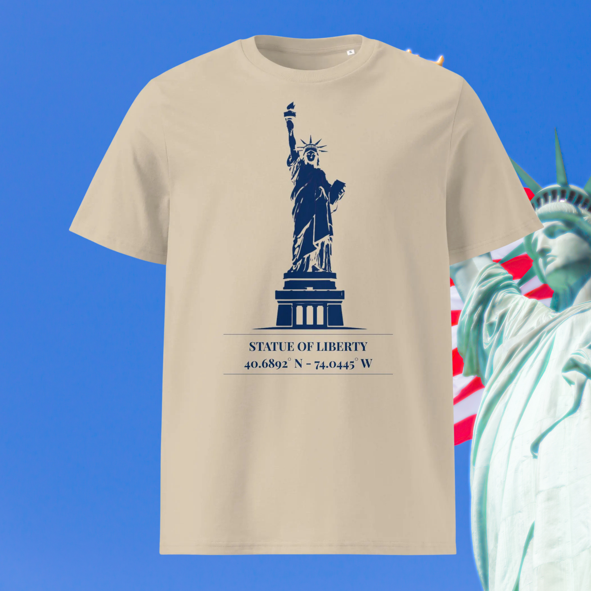 Statue of Liberty coordinates T-shirt in beige, front product view showing the navy landmark graphic.
