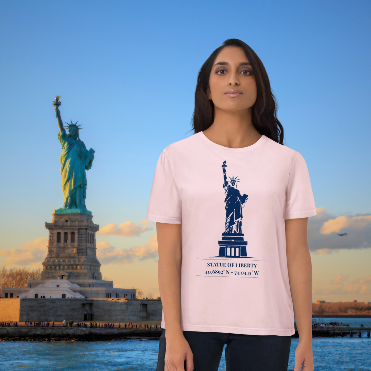 Statue of Liberty coordinates T-shirt in pink, worn by a model beside a waterfront Statue of Liberty backdrop.