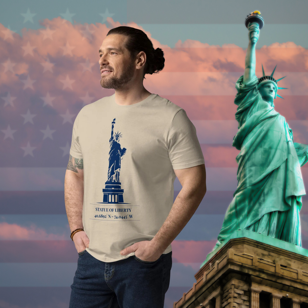 Statue of Liberty coordinates T-shirt in beige, worn by a model against a Statue of Liberty sunset backdrop.
