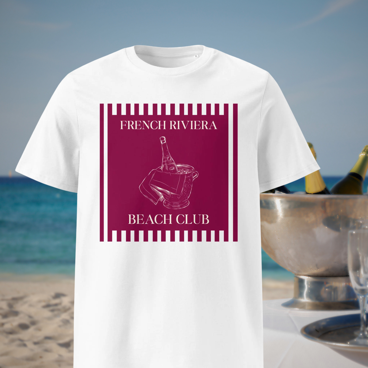 French Riviera Beach Club T-shirt in white, front product view with a wine-colored champagne bucket graphic.