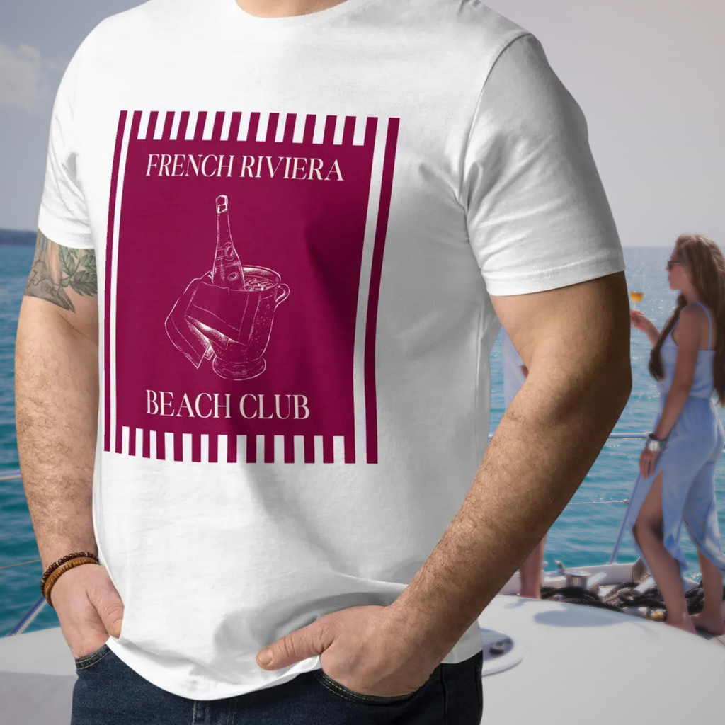 French Riviera Beach Club T-shirt in white, close-up on a model showing the champagne bucket illustration.