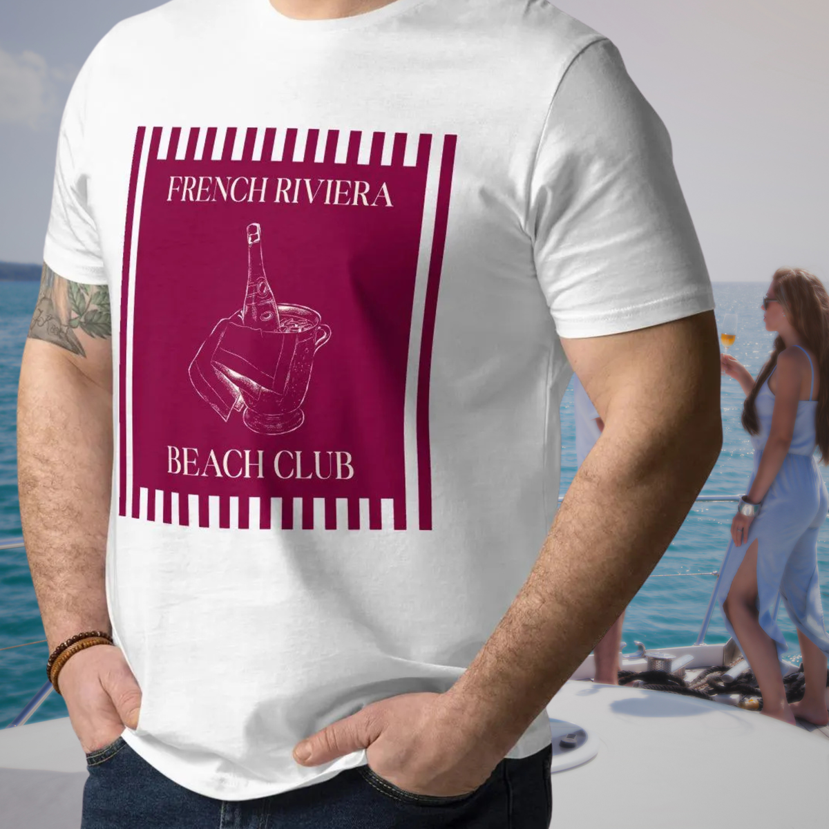 French Riviera Beach Club T-shirt in white, close-up on a model showing the champagne bucket illustration.