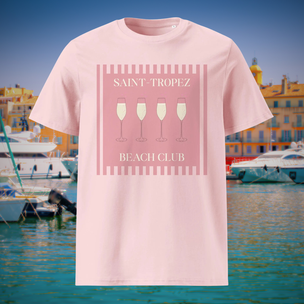 Saint-Tropez Beach Club T-shirt in pink, front product view of the champagne glass artwork.