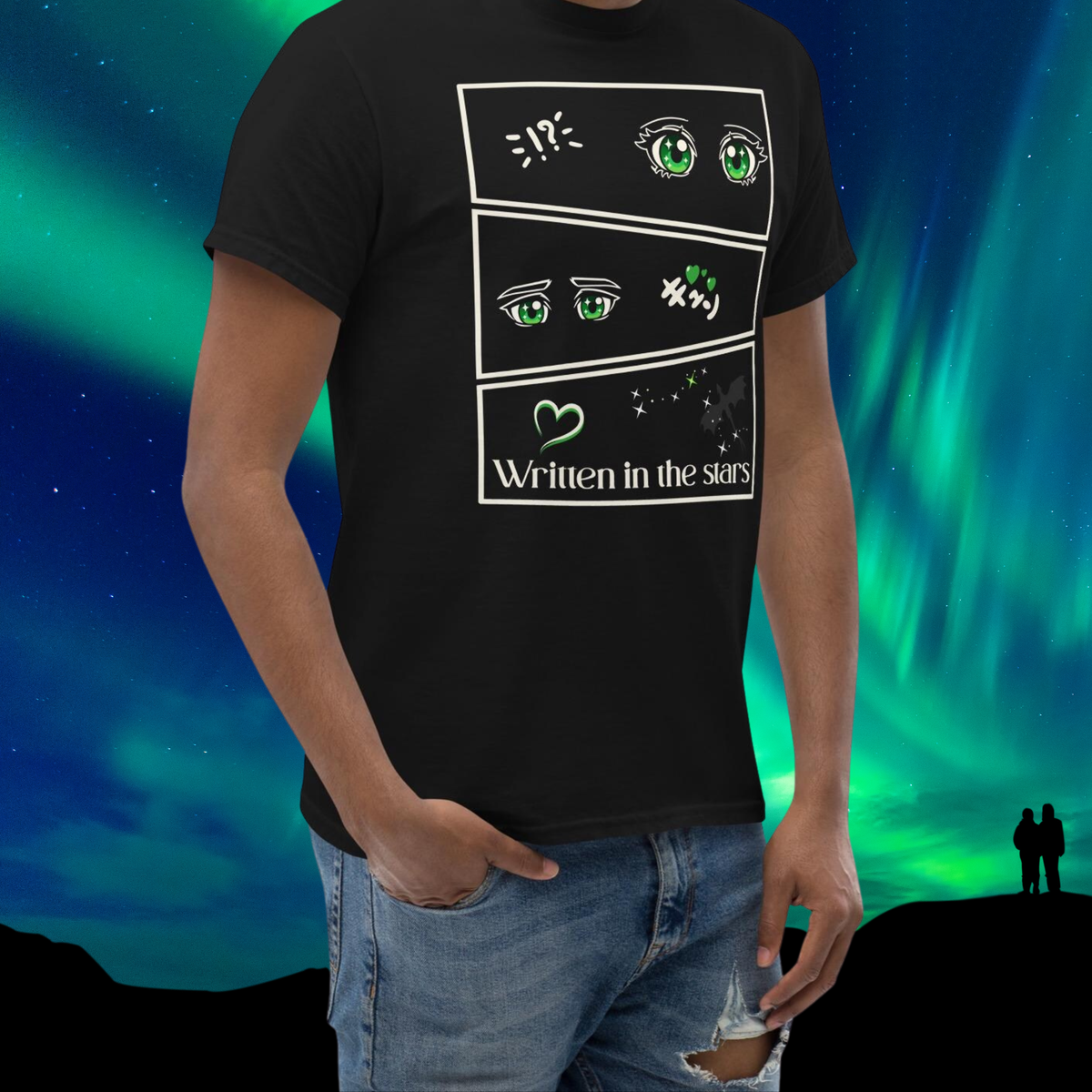 Written in the Stars Shirt: three manga-style panels with green eyes, a heart, Draco constellation stars and Written in the Stars lettering.