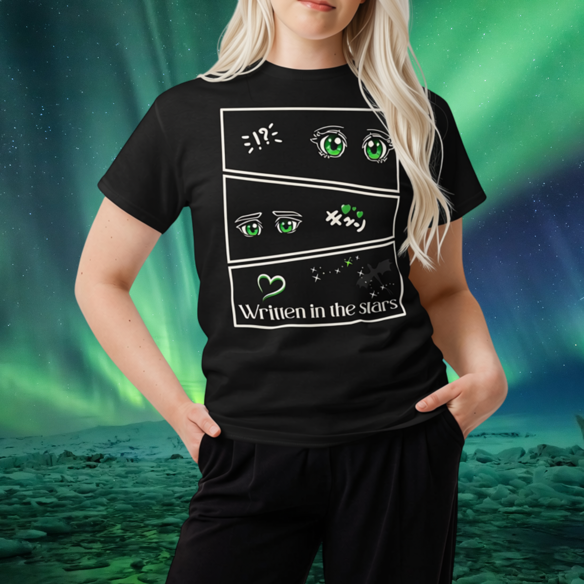 Written in the Stars Shirt: three manga-style panels with green eyes, a heart, Draco constellation stars and Written in the Stars lettering.