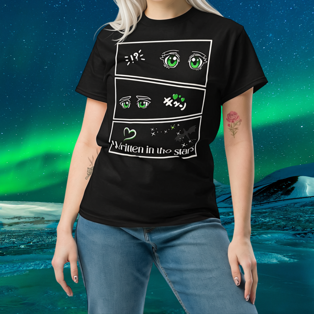 Written in the Stars Shirt: three manga-style panels with green eyes, a heart, Draco constellation stars and Written in the Stars lettering.