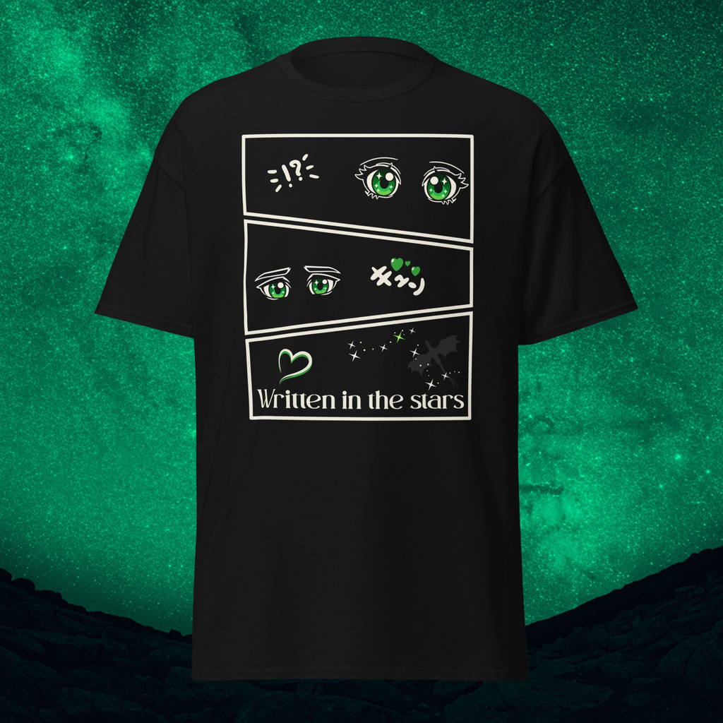 Written in the Stars Shirt: three manga-style panels with green eyes, a heart, Draco constellation stars and Written in the Stars lettering.