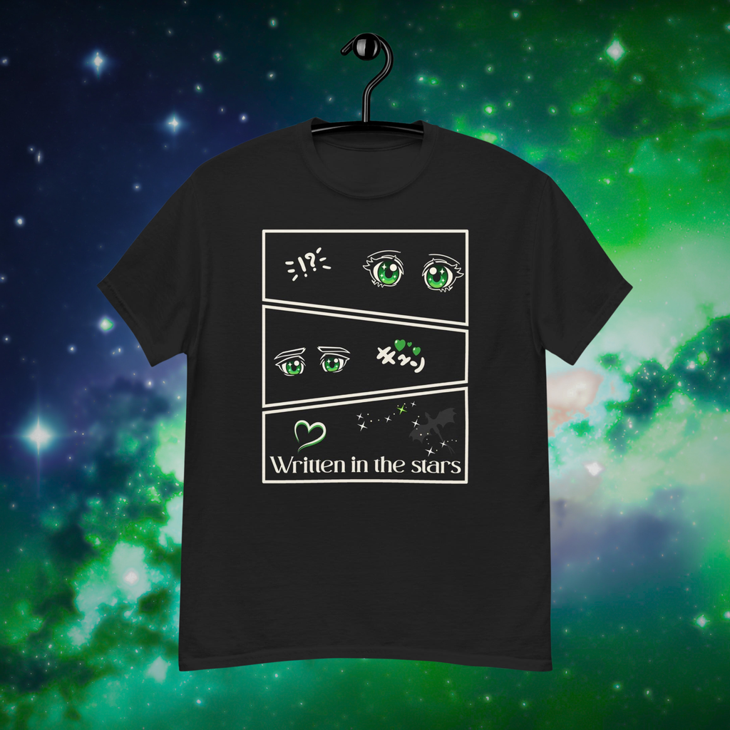 Written in the Stars Shirt: three manga-style panels with green eyes, a heart, Draco constellation stars and Written in the Stars lettering.