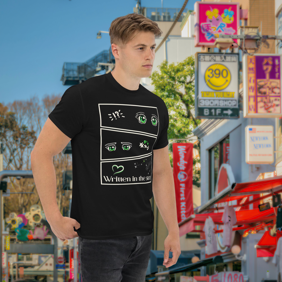 Written in the Stars Shirt: three manga-style panels with green eyes, a heart, Draco constellation stars and Written in the Stars lettering.
