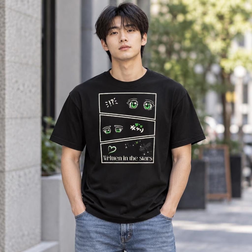 Written in the Stars Shirt: three manga-style panels with green eyes, a heart, Draco constellation stars and Written in the Stars lettering.