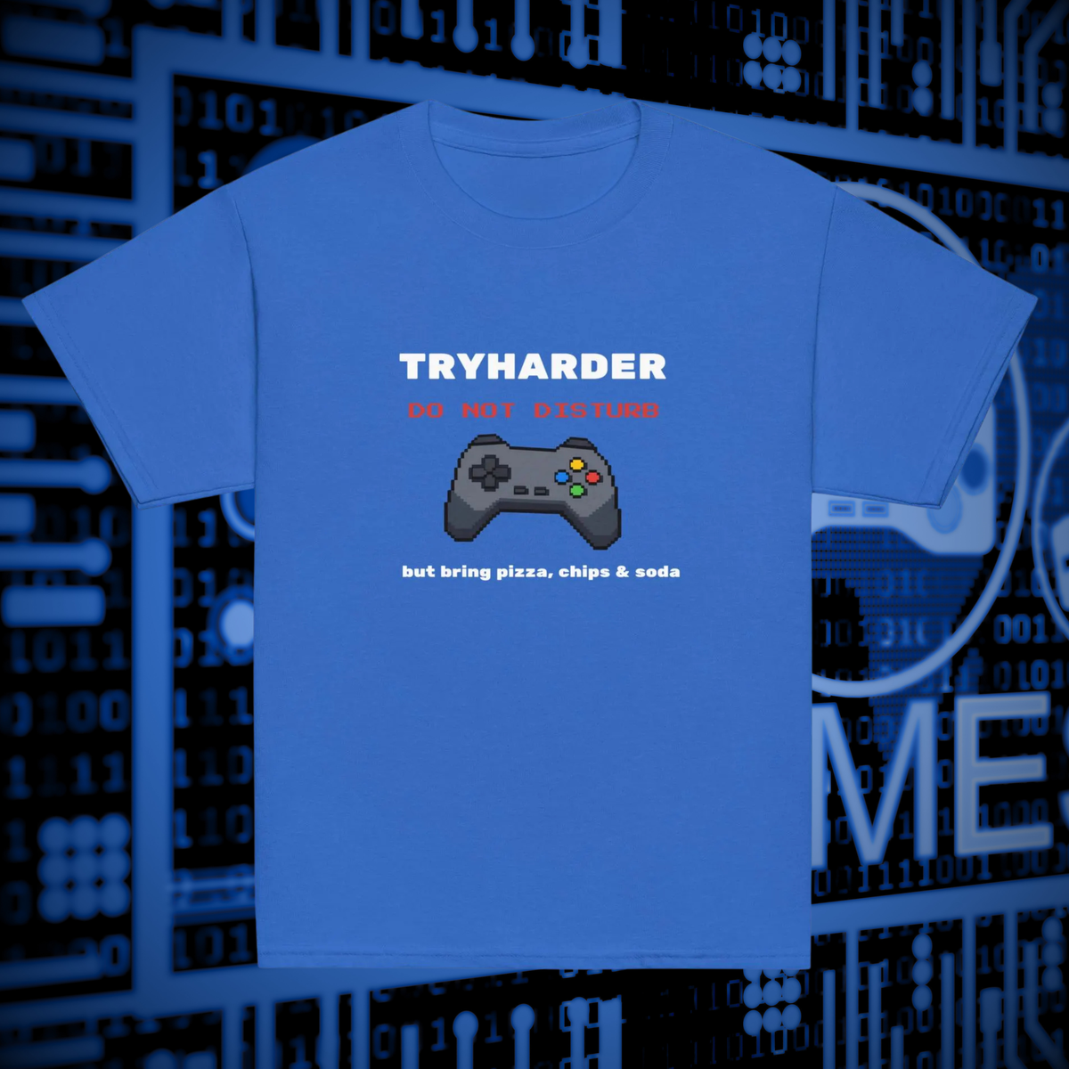Tryharder kids' gamer T-shirt in royal blue, front product view showing the controller graphic.