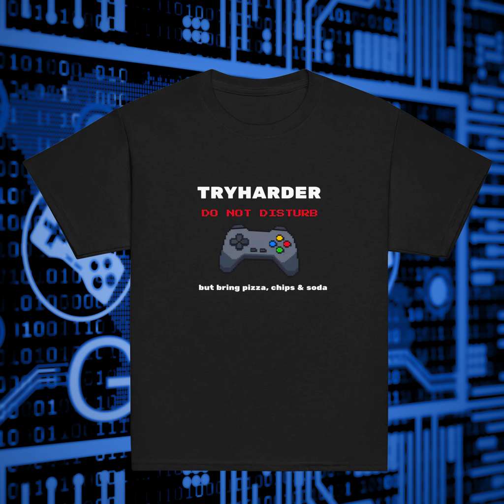 Tryharder kids' gamer T-shirt in black, front product view against blue gaming graphics.
