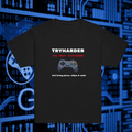 Tryharder kids' gamer T-shirt in black, front product view against blue gaming graphics.