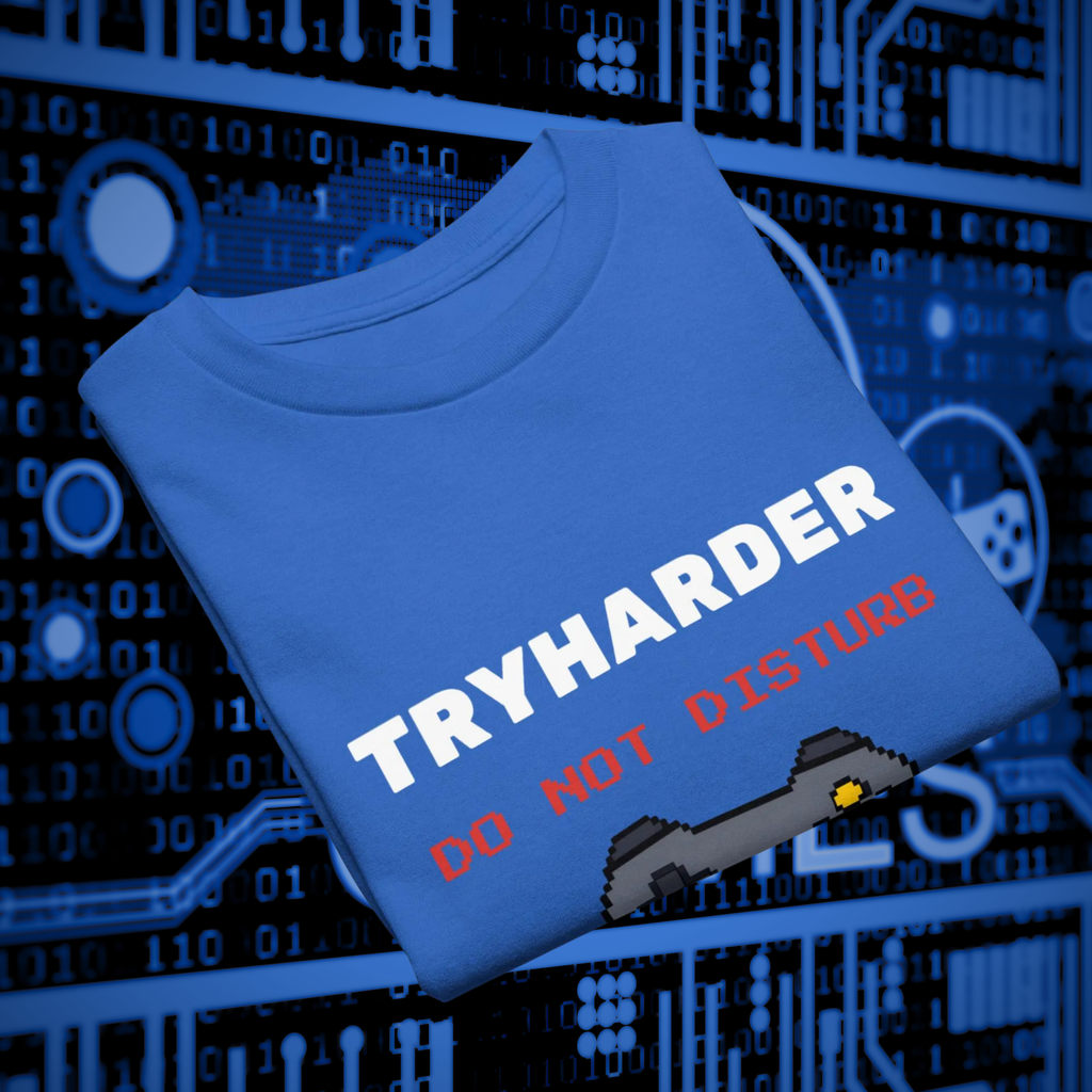 Tryharder kids' gamer T-shirt in royal blue, folded to show the slogan and controller graphic.